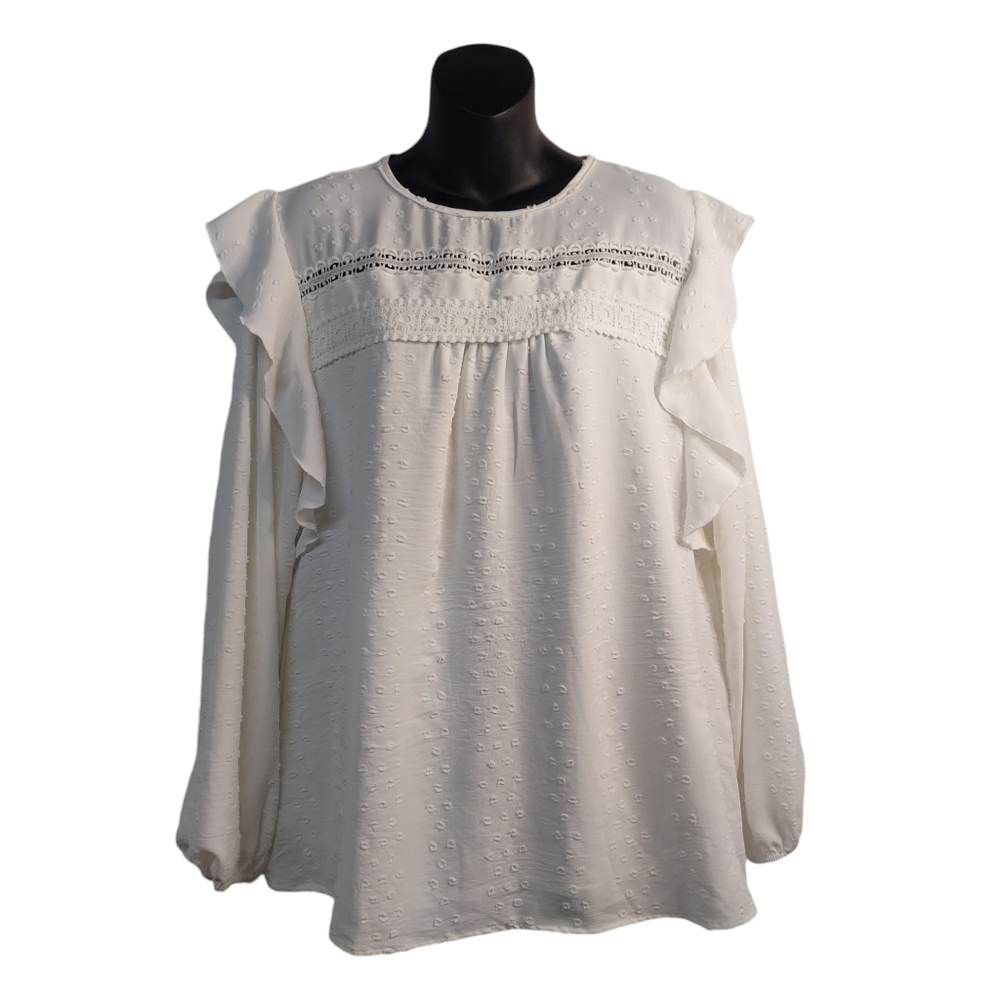 Fashion Blouse Women's White Ruffle/Lace Trim Top Blouse Size L NWT